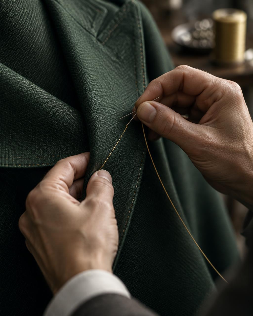 Gold thread being hand stitched into tailored cloth